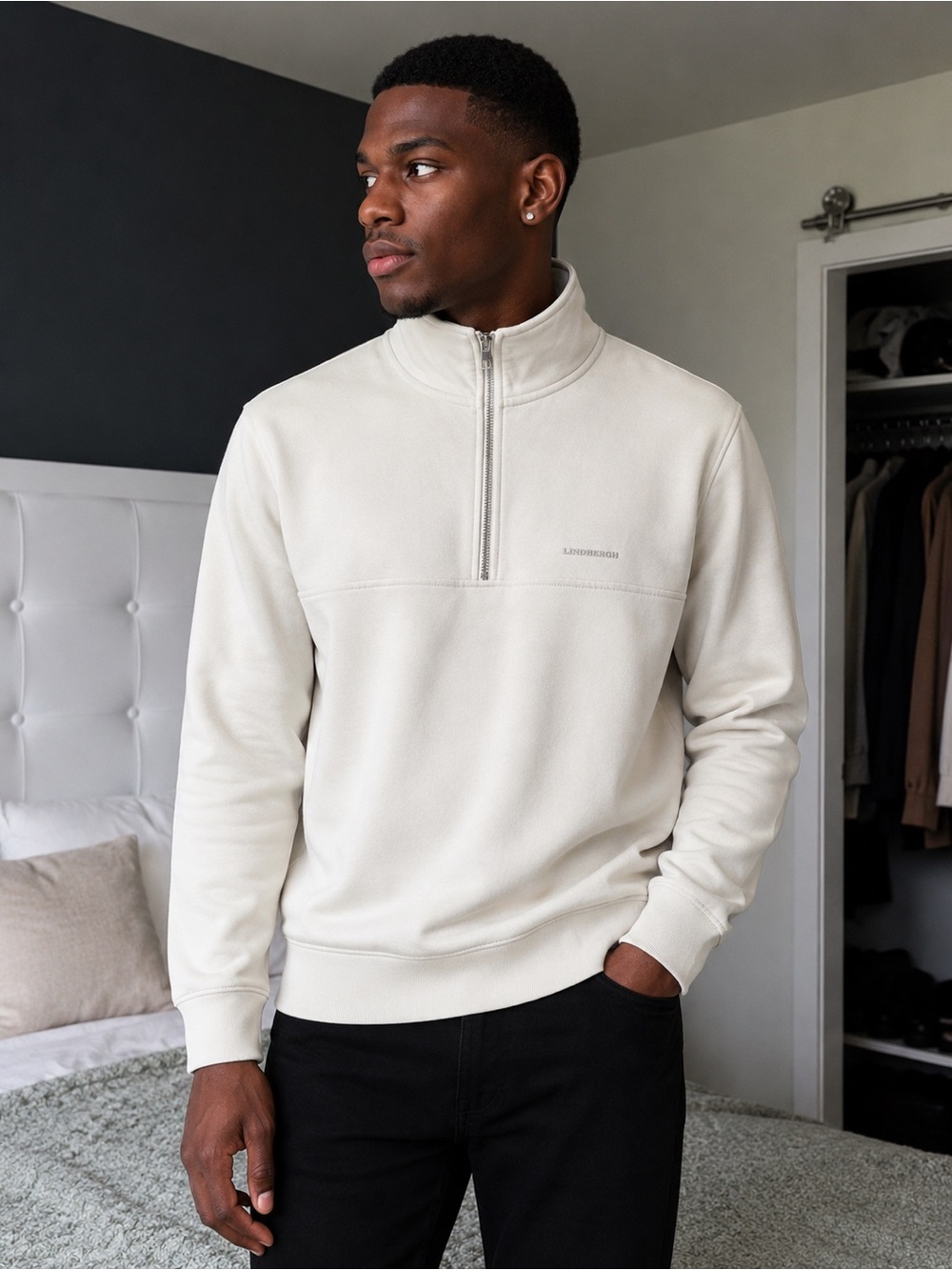 Lindbergh White Men’s Size S Quarter Zip Sweatshirt Off White Cream Pullover